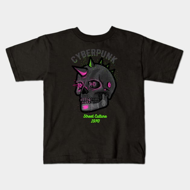 Cybernetic Skeleton Cyberpunk Skull Kids T-Shirt by TOKEBI